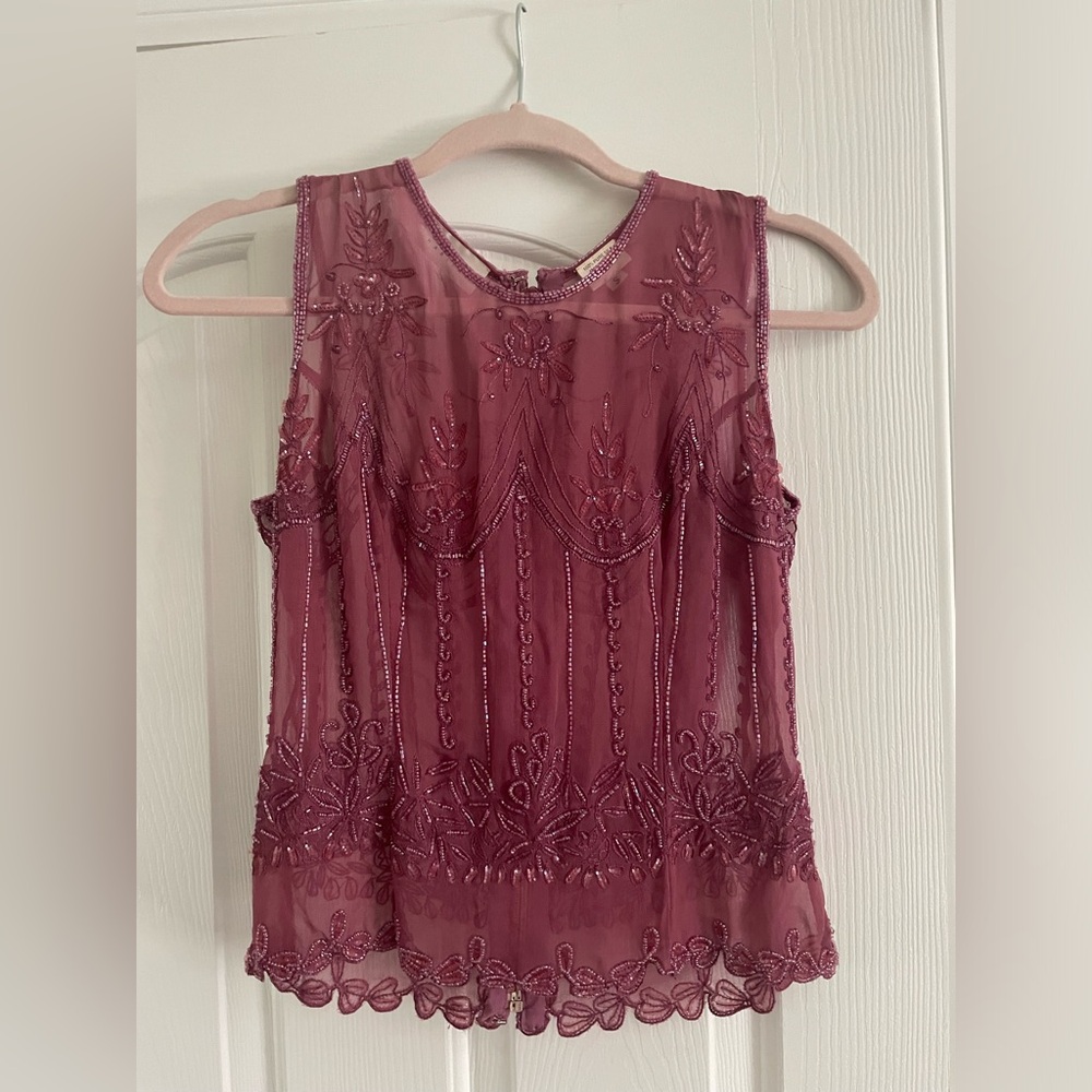 Purple beaded sheer mesh tank